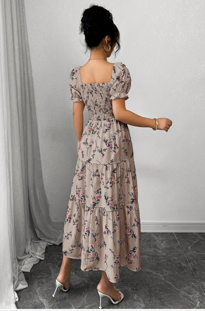 Square Collar Ruched Short Sleeve Ruffled Hem Maxi Dress