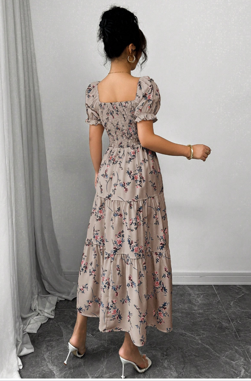 Square Collar Ruched Short Sleeve Ruffled Hem Maxi Dress