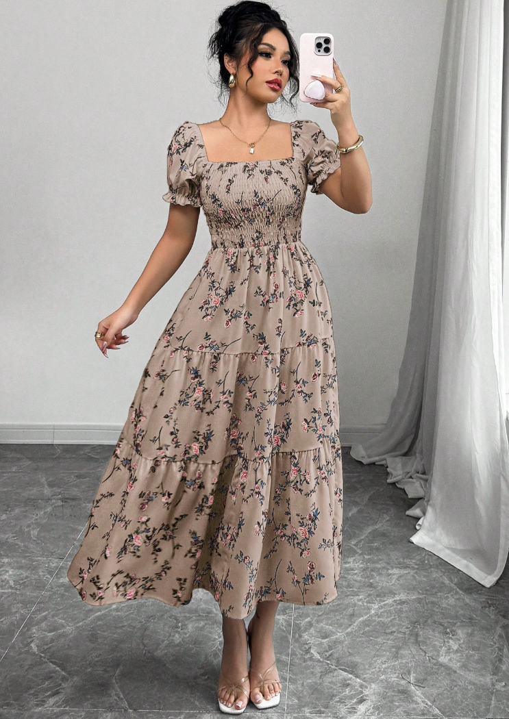 Square Collar Ruched Short Sleeve Ruffled Hem Maxi Dress